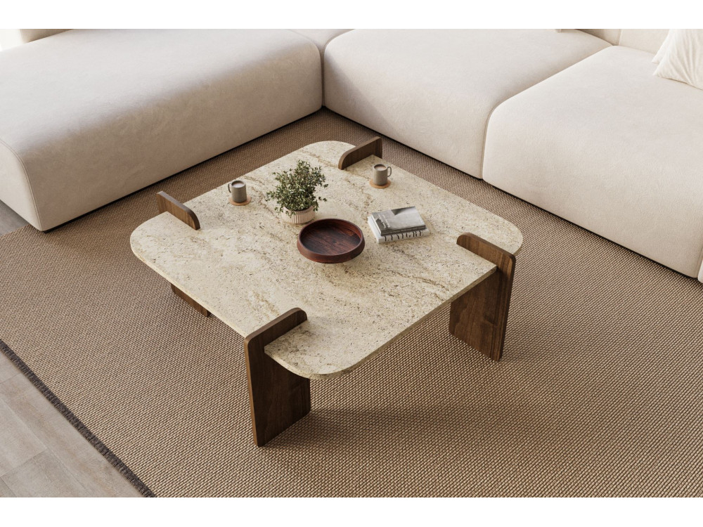 Mesa de centro de madeira "Afrolli" - 90 x 90 x 35 cm - Travertino
