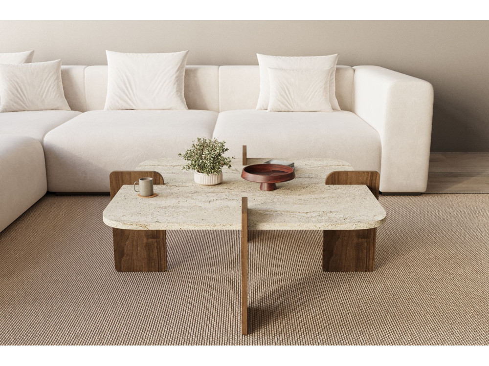 Mesa de centro em madeira "Poalla" - 90 x 90 x 35 cm - Travertino