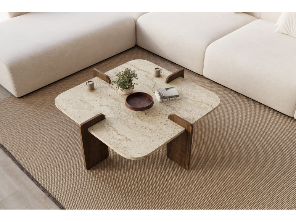 Mesa de centro em madeira "Poalla" - 90 x 90 x 35 cm - Travertino