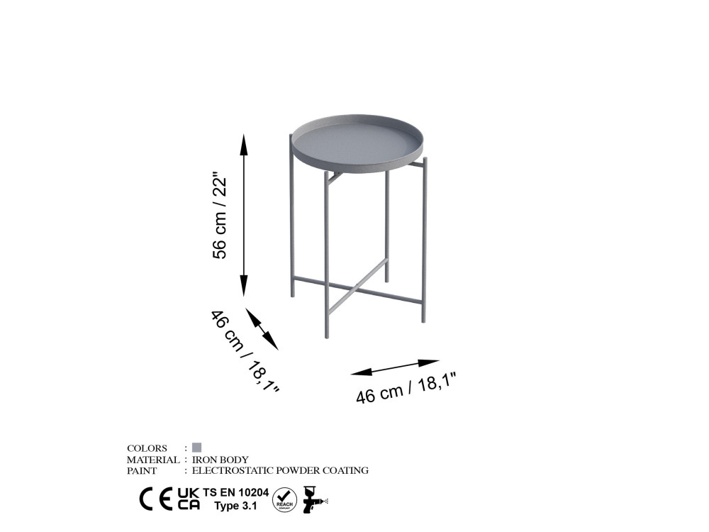 Mesa de centro metálica "Sheby" 46 x 46 x 56 cm - Cinzento