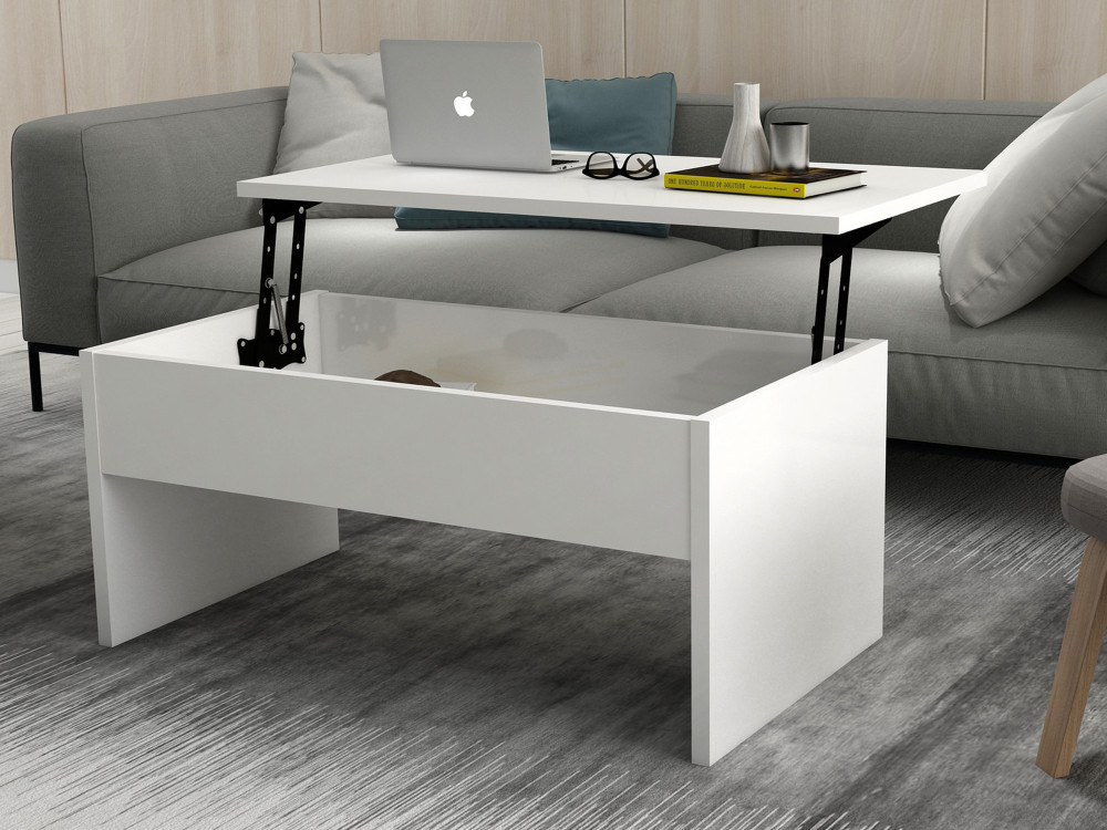 Mesa de centro "Akilli" com caixa de arrumação em madeira - 90 x 52 x 45 cm - Branco