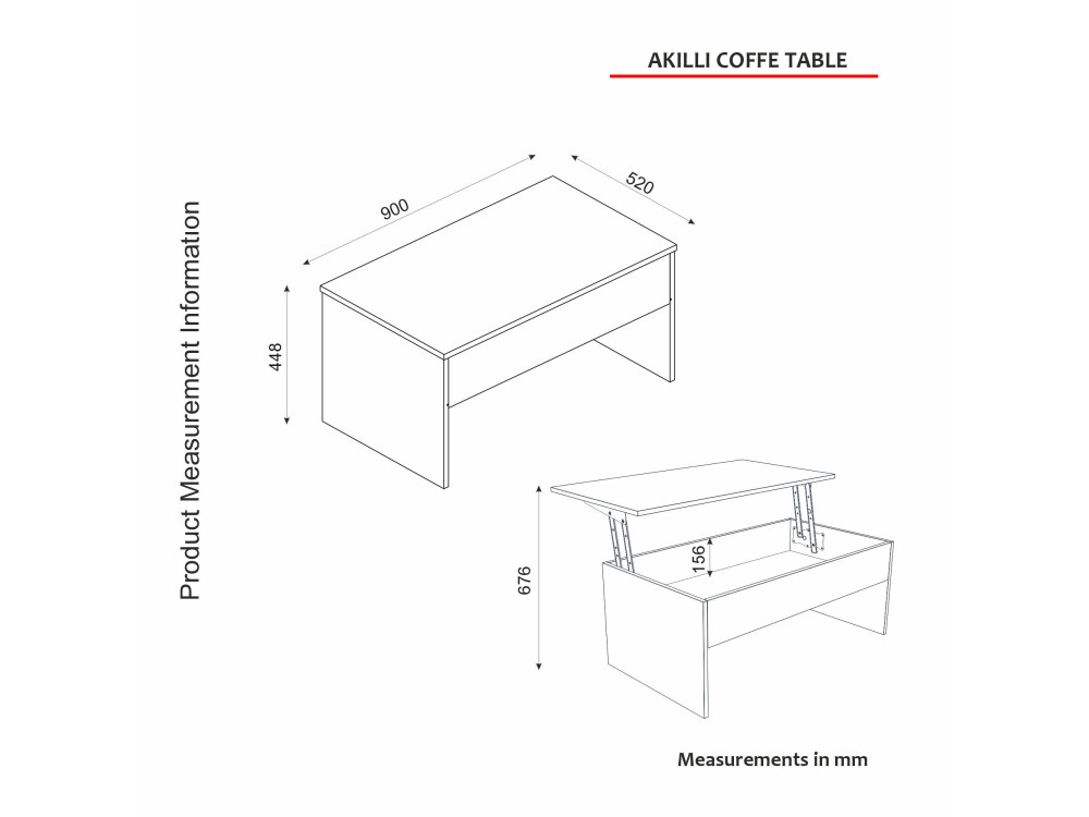Mesa de centro "Akilli" com caixa de arrumação em madeira - 90 x 52 x 45 cm - Branco