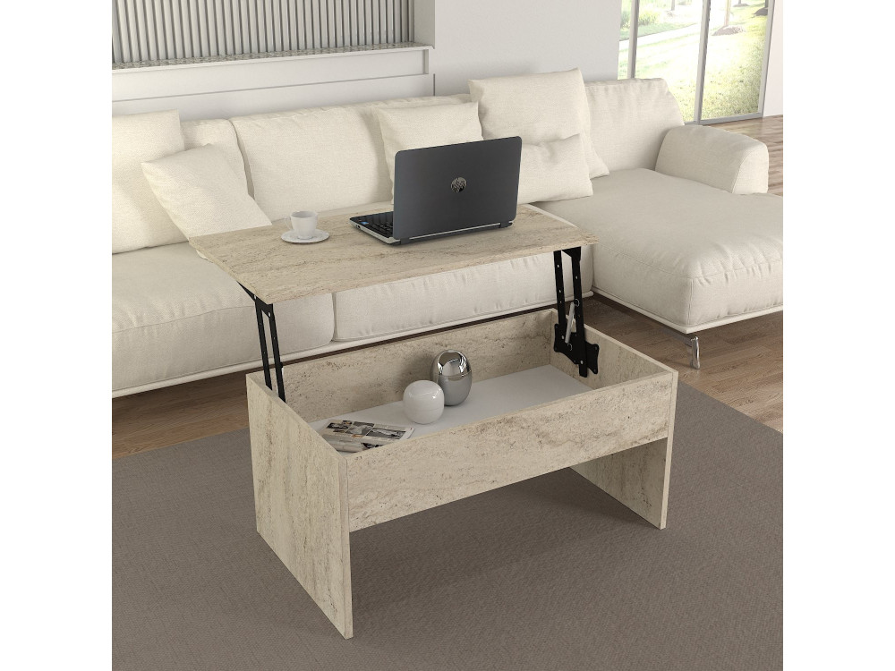Mesa de centro "Akilli" com caixa de arrumação em madeira - 90 x 45 x 52 cm - Travertino