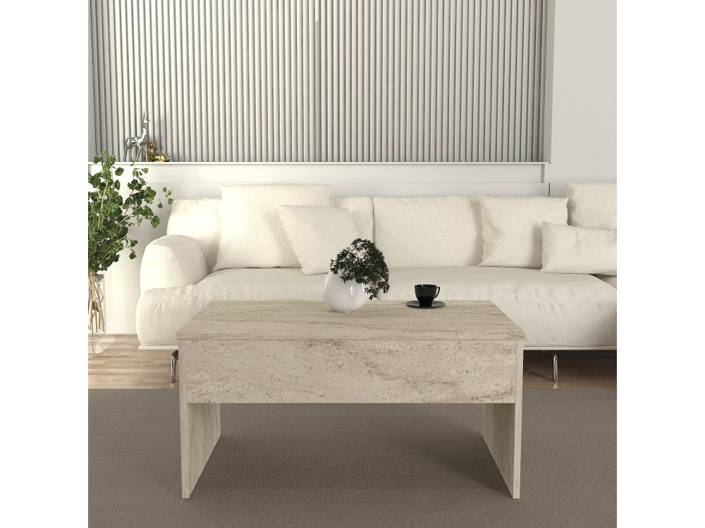 Mesa de centro "Akilli" com caixa de arrumação em madeira - 90 x 45 x 52 cm - Travertino