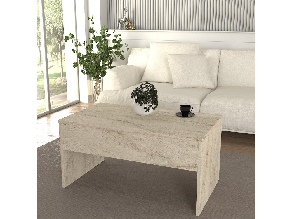 Mesa de centro "Akilli" com caixa de arrumação em madeira - 90 x 45 x 52 cm - Travertino