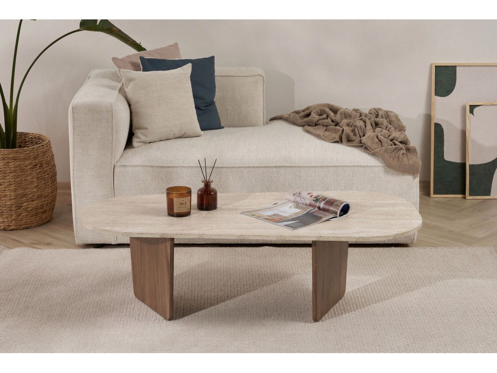 Mesa de centro em madeira "Ovalis" - 130 x 65 x 40 cm - Travertino / Nogueira