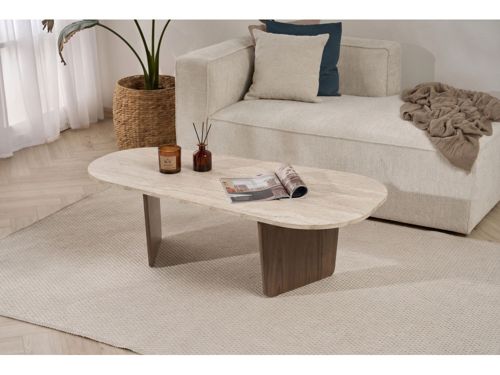Mesa de centro em madeira "Ovalis" - 130 x 65 x 40 cm - Travertino / Nogueira