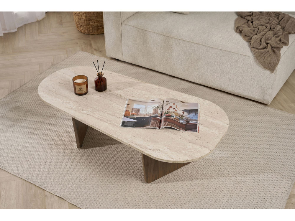 Mesa de centro em madeira "Ovalis" - 130 x 65 x 40 cm - Travertino / Nogueira