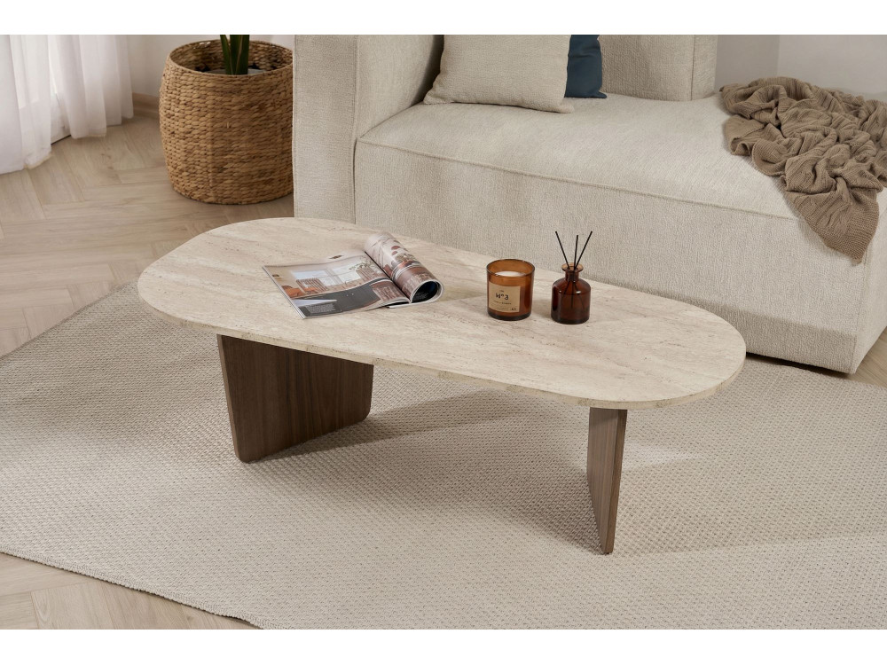 Mesa de centro em madeira "Ovalis" - 130 x 65 x 40 cm - Travertino / Nogueira
