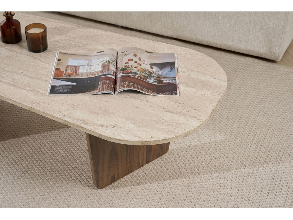 Mesa de centro em madeira "Ovalis" - 130 x 65 x 40 cm - Travertino / Nogueira