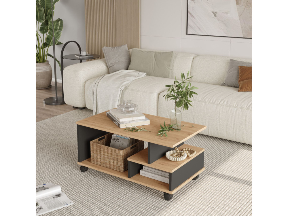 Mesa de centro de madeira "MIN9" - 90 x 51 x 42 cm - Cinzento antracite