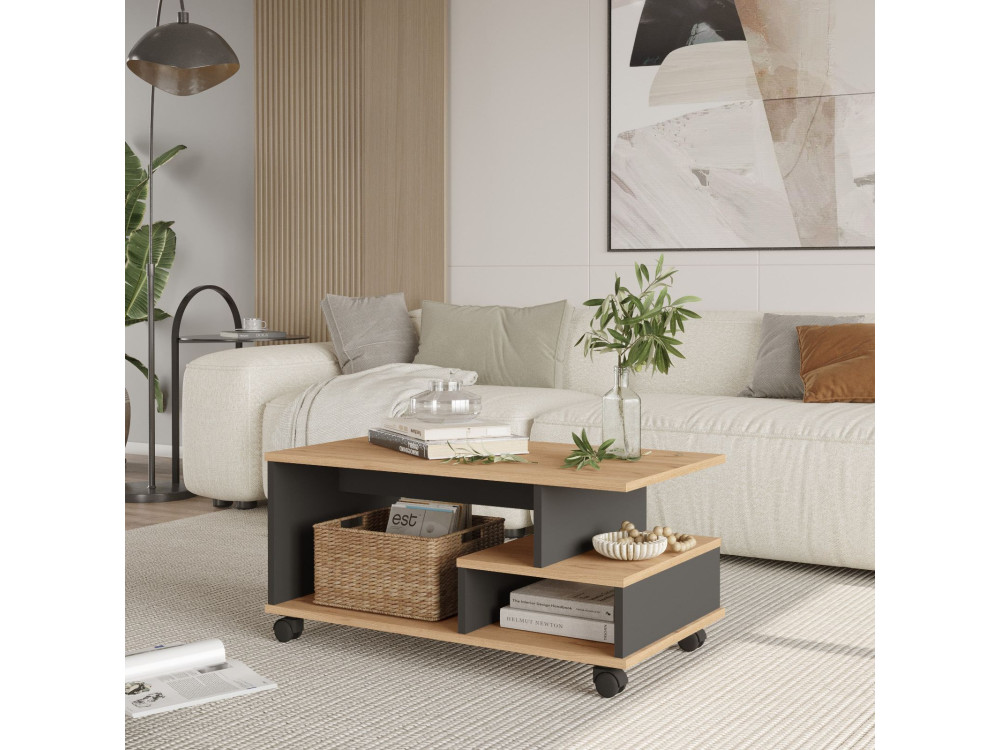 Mesa de centro de madeira "MIN9" - 90 x 51 x 42 cm - Cinzento antracite