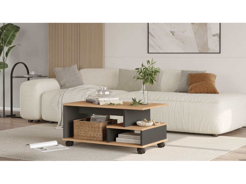 Mesa de centro de madeira "MIN9" - 90 x 51 x 42 cm - Cinzento antracite