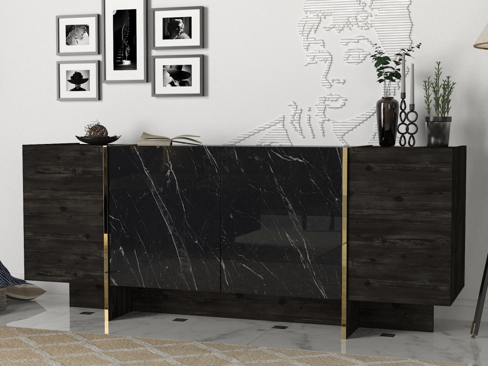 Aparador de madeira "Veyron" - 180 x 46 x 75 cm - Preto/dourado
