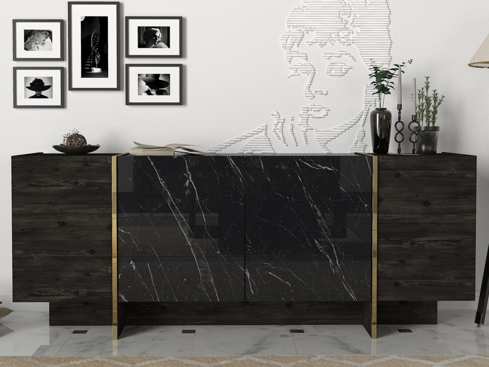 Aparador de madeira "Veyron" - 180 x 46 x 75 cm - Preto/dourado