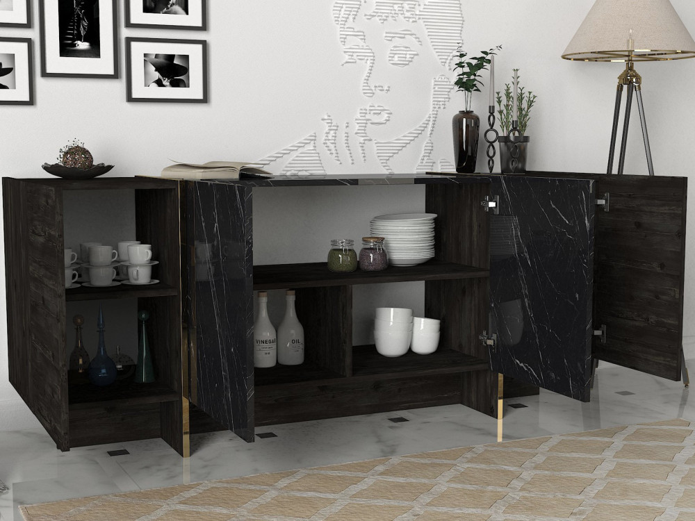 Aparador de madeira "Veyron" - 180 x 46 x 75 cm - Preto/dourado