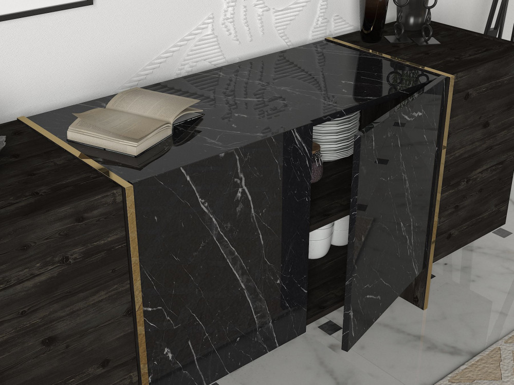 Aparador de madeira "Veyron" - 180 x 46 x 75 cm - Preto/dourado