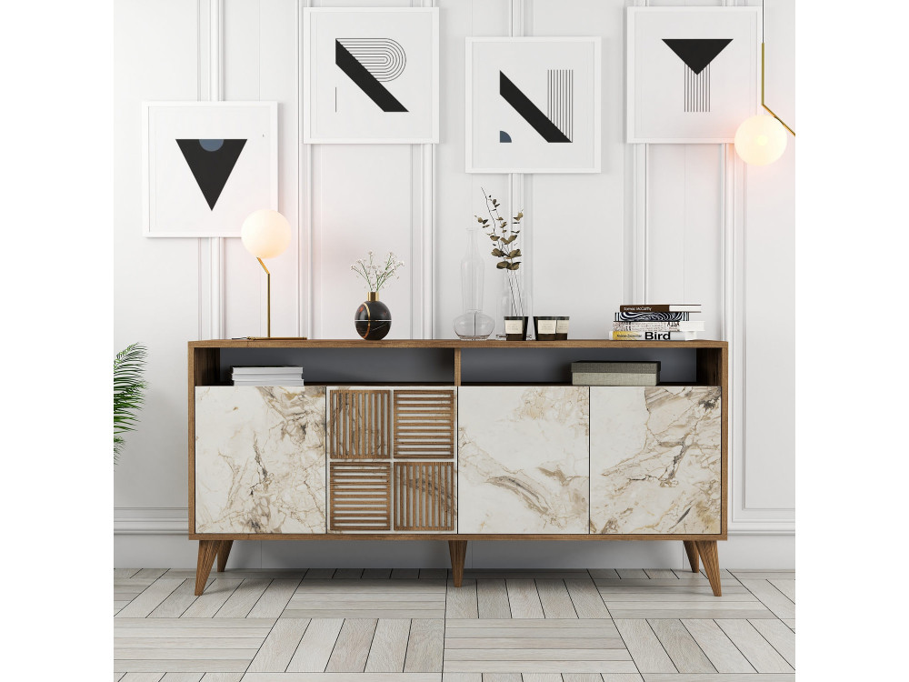 Aparador "Milan" em madeira - 160 x 35 x 78 cm - Nogueira, Mármore branco