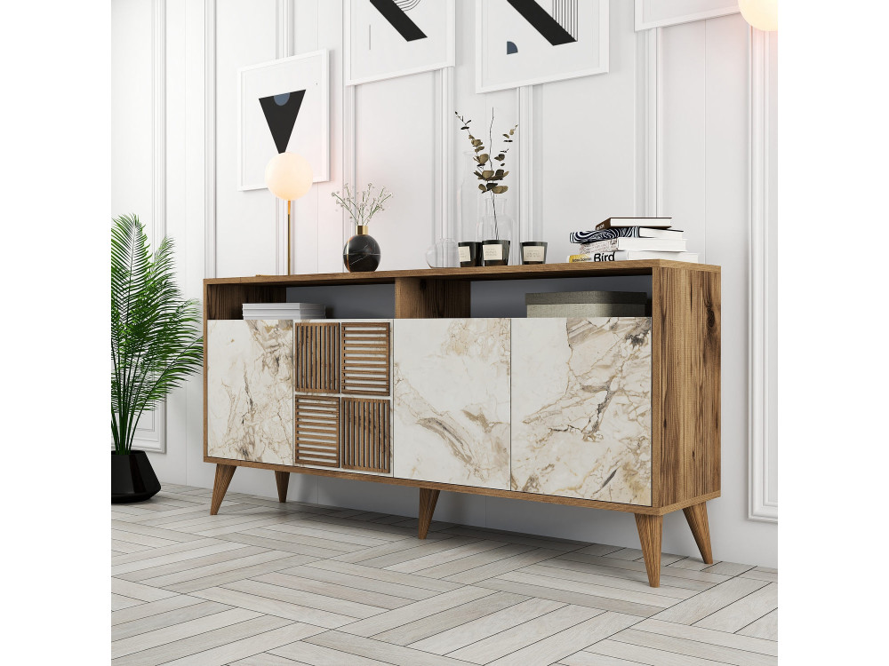 Aparador "Milan" em madeira - 160 x 35 x 78 cm - Nogueira, Mármore branco