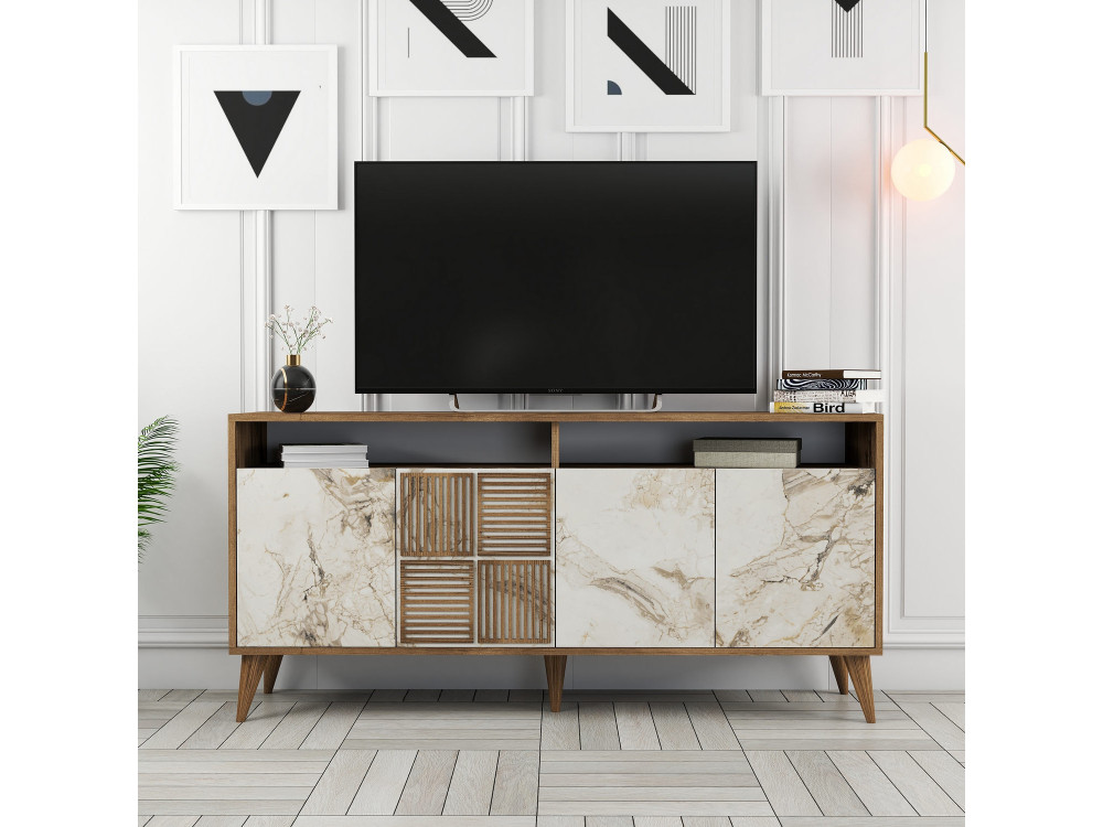 Aparador "Milan" em madeira - 160 x 35 x 78 cm - Nogueira, Mármore branco