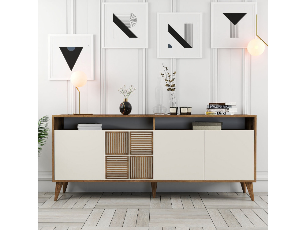 Aparador de madeira "Milan" - 180 x 35 x 78 cm - Nogueira, Creme