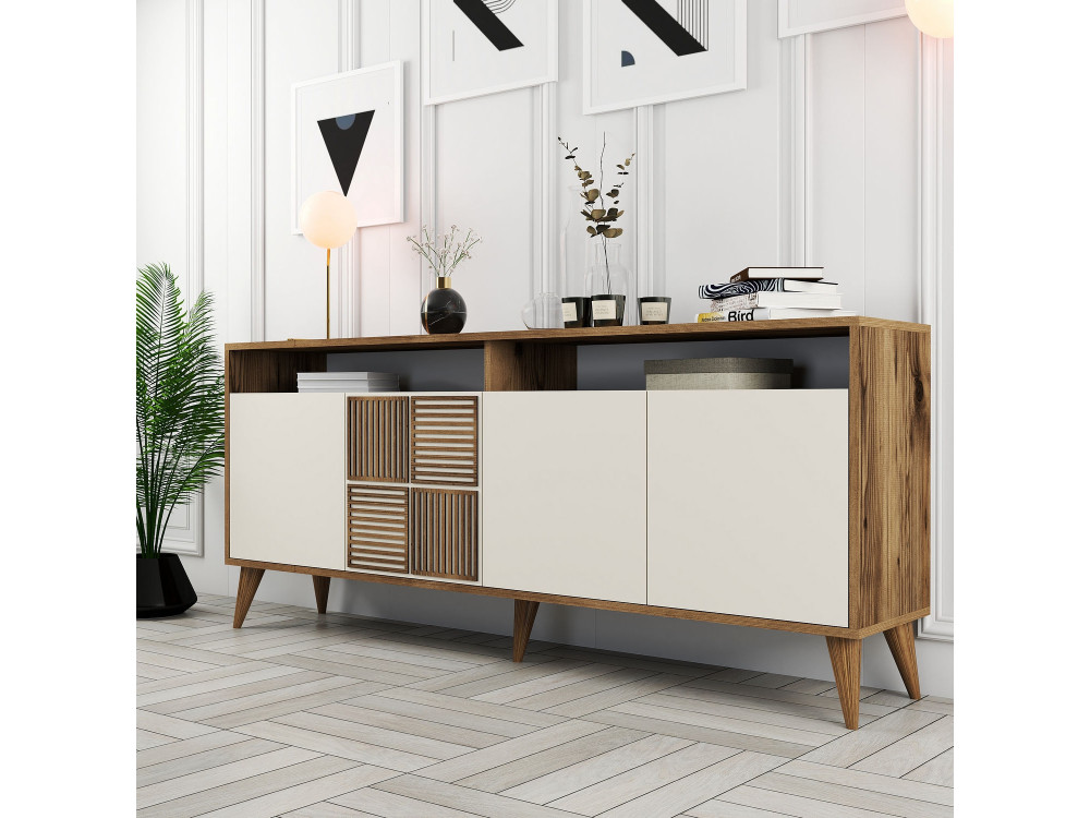 Aparador de madeira "Milan" - 180 x 35 x 78 cm - Nogueira, Creme
