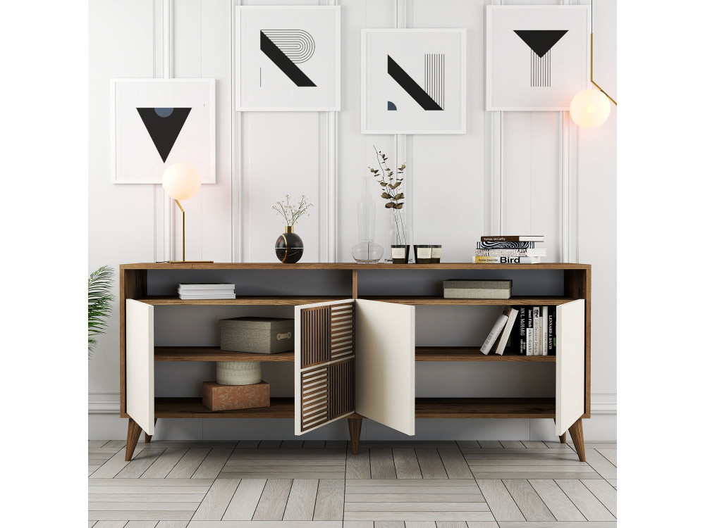 Aparador de madeira "Milan" - 180 x 35 x 78 cm - Nogueira, Creme