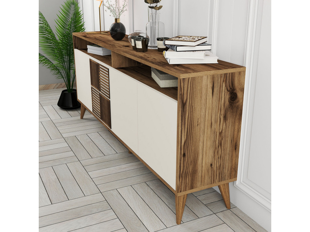 Aparador de madeira "Milan" - 180 x 35 x 78 cm - Nogueira, Creme