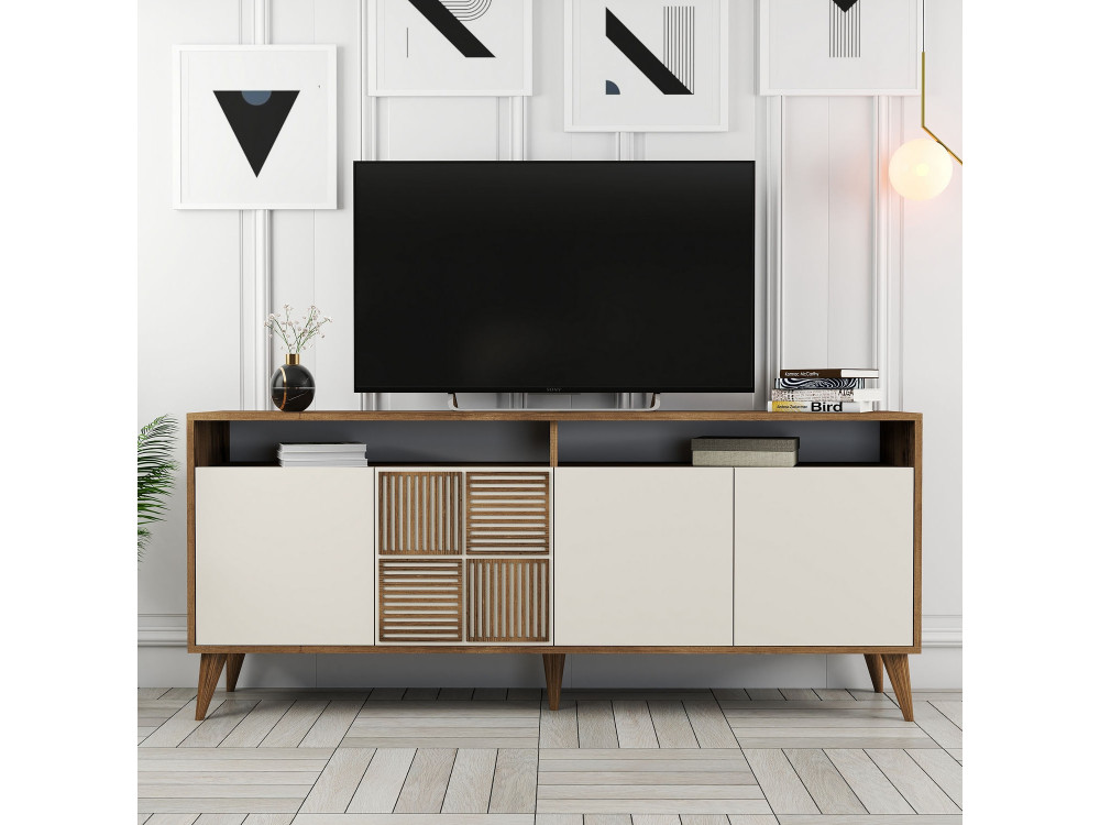 Aparador de madeira "Milan" - 180 x 35 x 78 cm - Nogueira, Creme