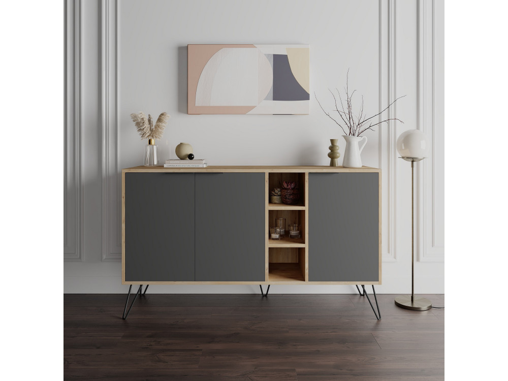 Aparador de madeira "Clara" - 142 x 36 x 83 cm - Cinzento antracite