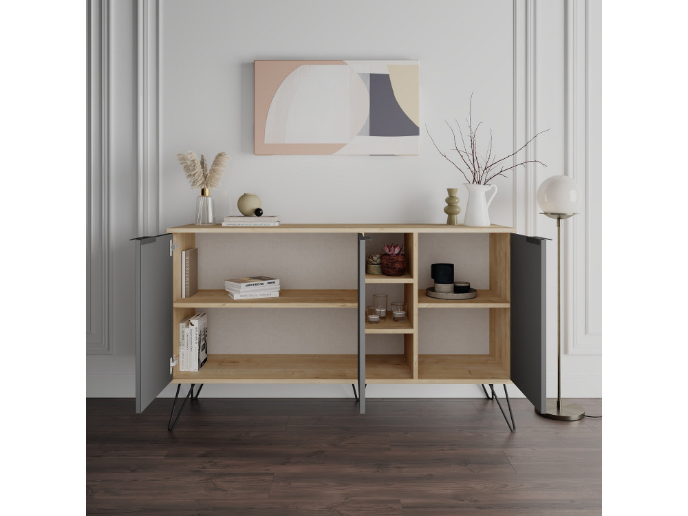 Aparador de madeira "Clara" - 142 x 36 x 83 cm - Cinzento antracite
