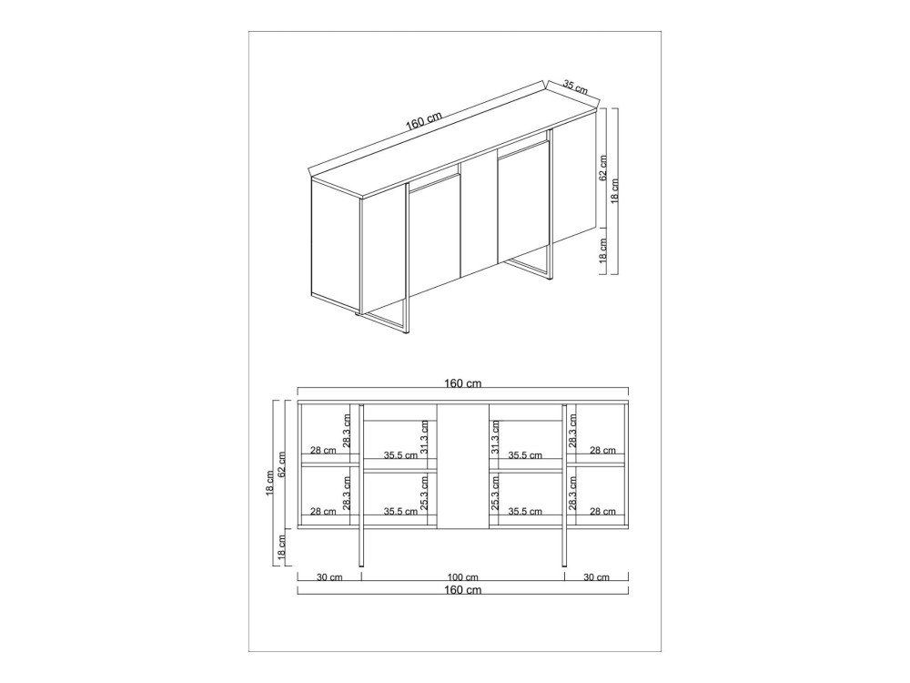 Aparador de madeira "Luxe" - 160 x 35 x 80 cm - Branco