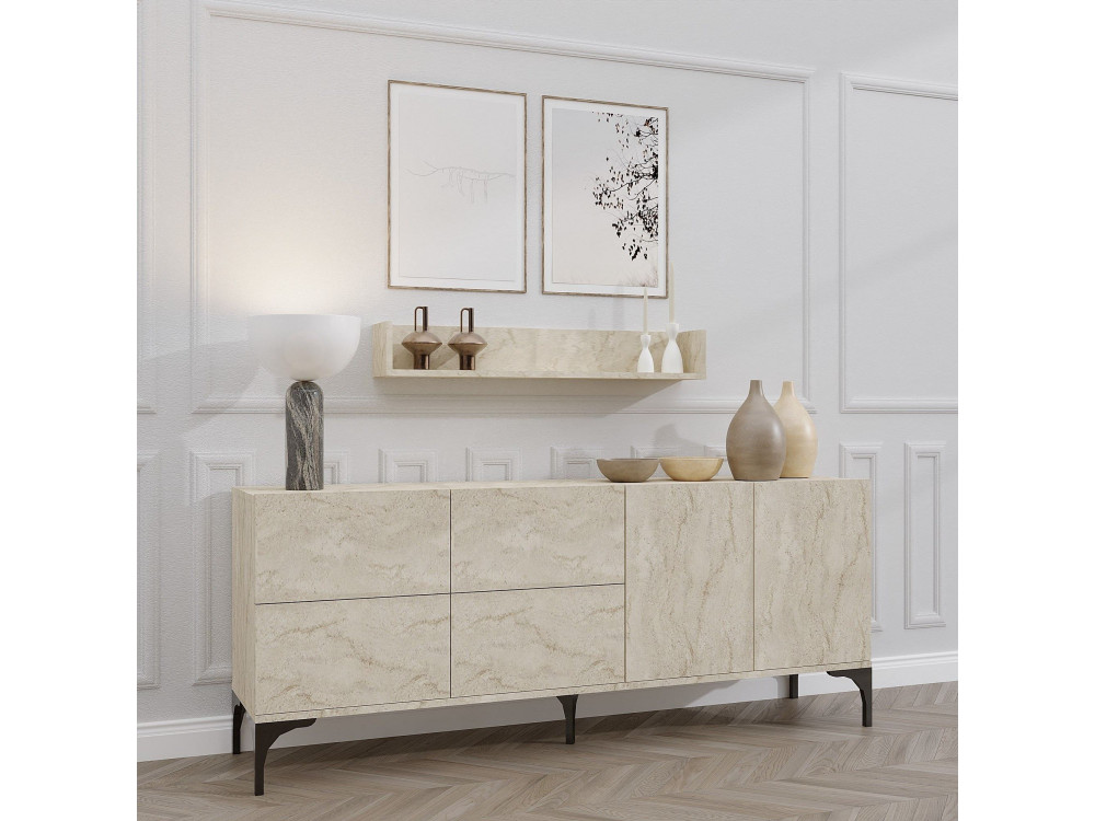 Aparador de madeira com prateleira de parede "Stella" - 180 x 40 x 55 cm - Travertino