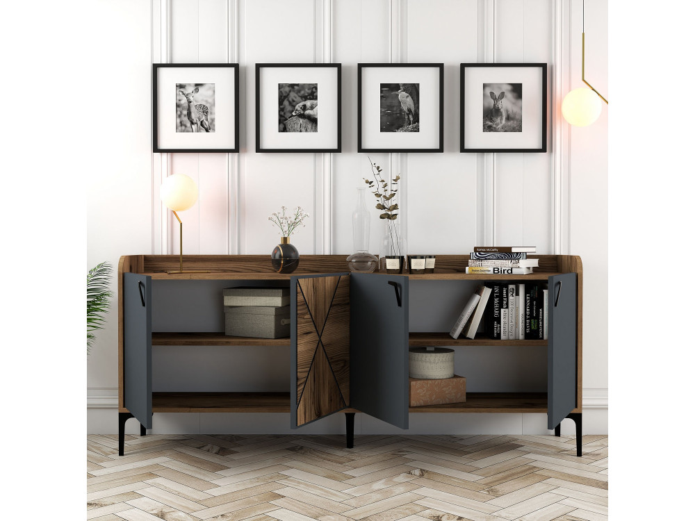 Aparador "Venedik" em madeira - 180 x 35 x 78 cm - Cinzento antracite