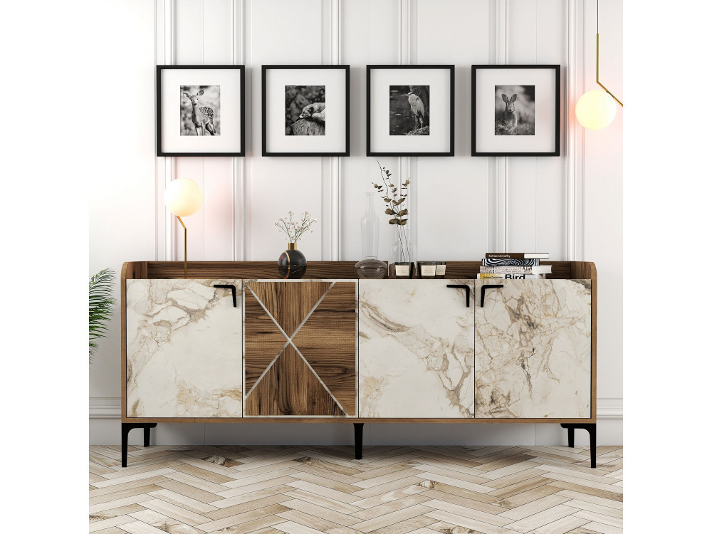 Aparador "Venedik" em madeira - 180 x 35 x 78 cm - Branco marmoreado