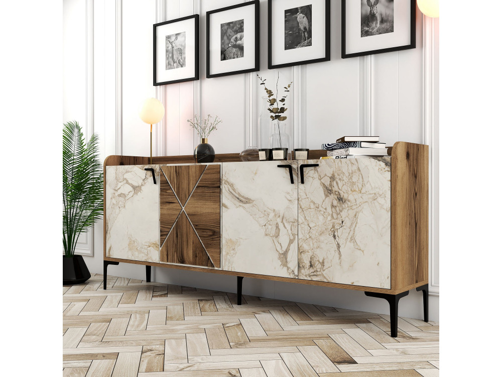 Aparador "Venedik" em madeira - 180 x 35 x 78 cm - Branco marmoreado