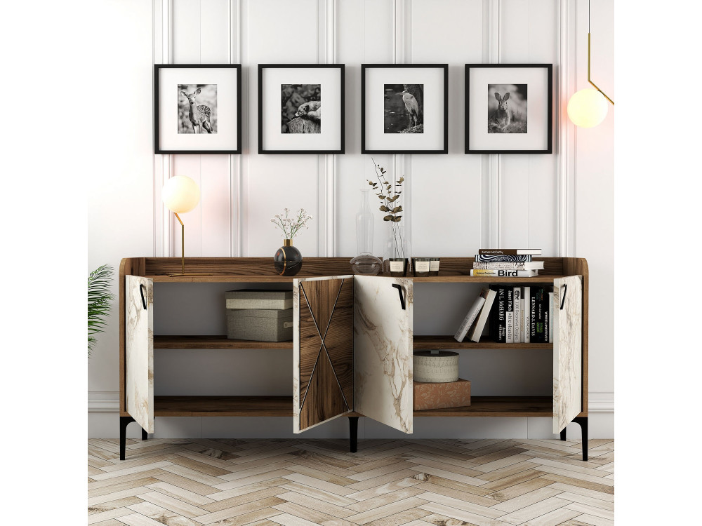 Aparador "Venedik" em madeira - 180 x 35 x 78 cm - Branco marmoreado