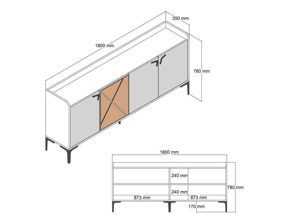 Aparador "Venedik" em madeira - 180 x 35 x 78 cm - Branco marmoreado