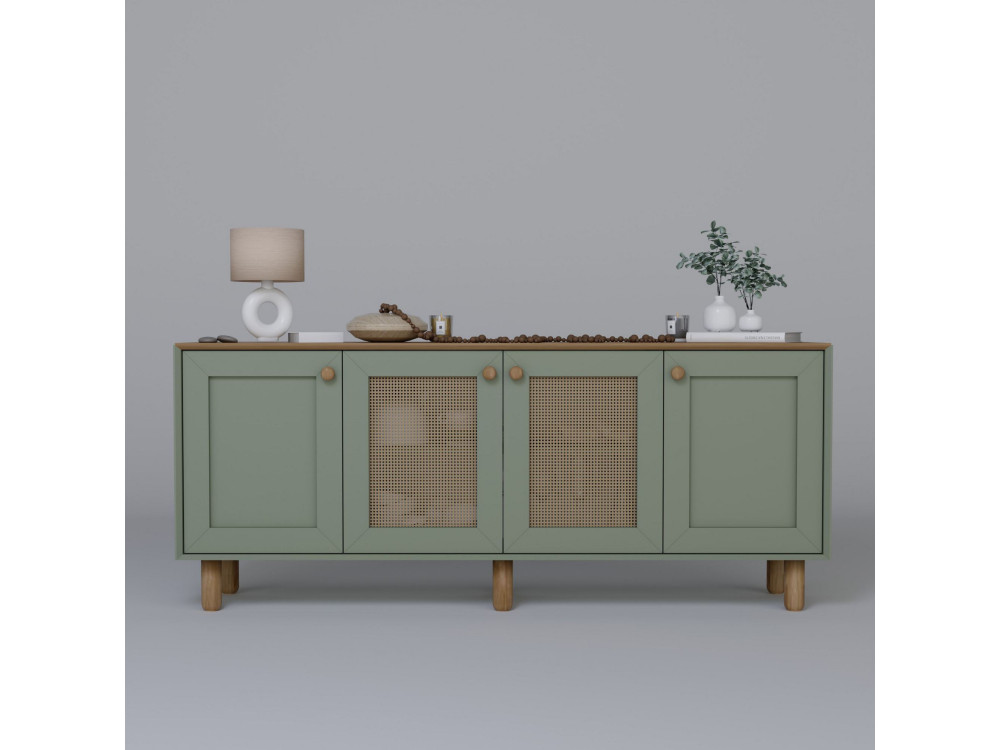 Aparador "Boémio" em madeira e cana - 180 x 40 x 75 cm - Verde