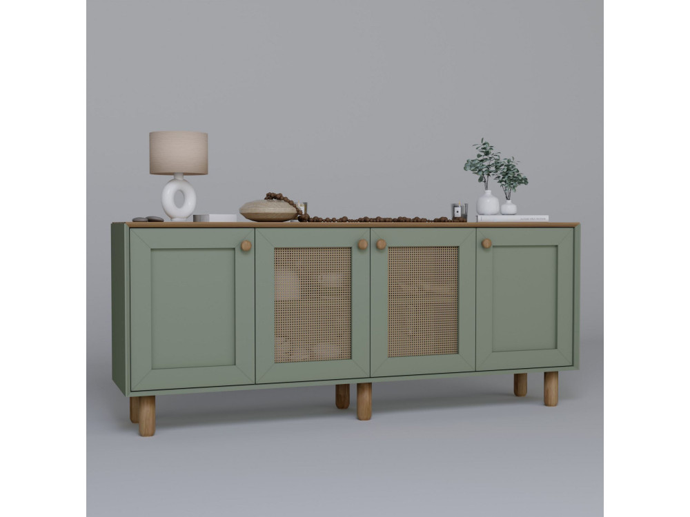 Aparador "Boémio" em madeira e cana - 180 x 40 x 75 cm - Verde