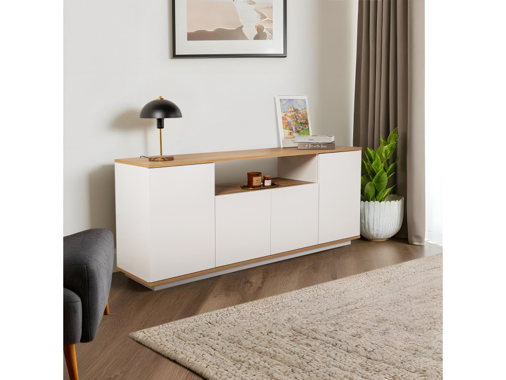 Aparador de madeira "Arista" - 180 x 44,5 x 75 cm - Branco / Carvalho Cadiz