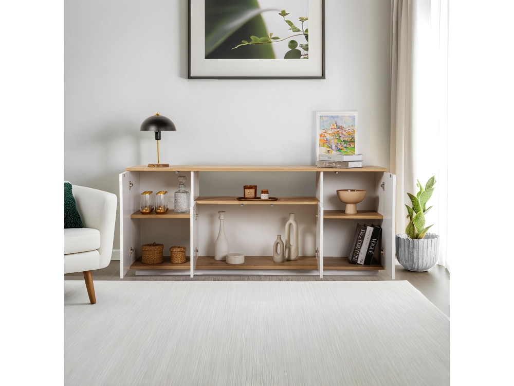 Aparador de madeira "Arista" - 180 x 44,5 x 75 cm - Branco / Carvalho Cadiz