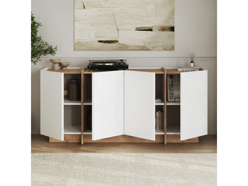 Aparador de madeira "Dorma" - 180 x 45 x 80 cm - Branco / Pinho Atlântico
