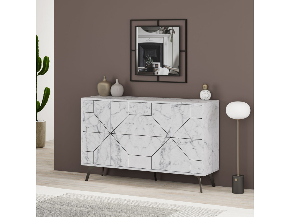 Aparador "Dune" em madeira - 123 x 35 x 62 cm - Branco marmoreado