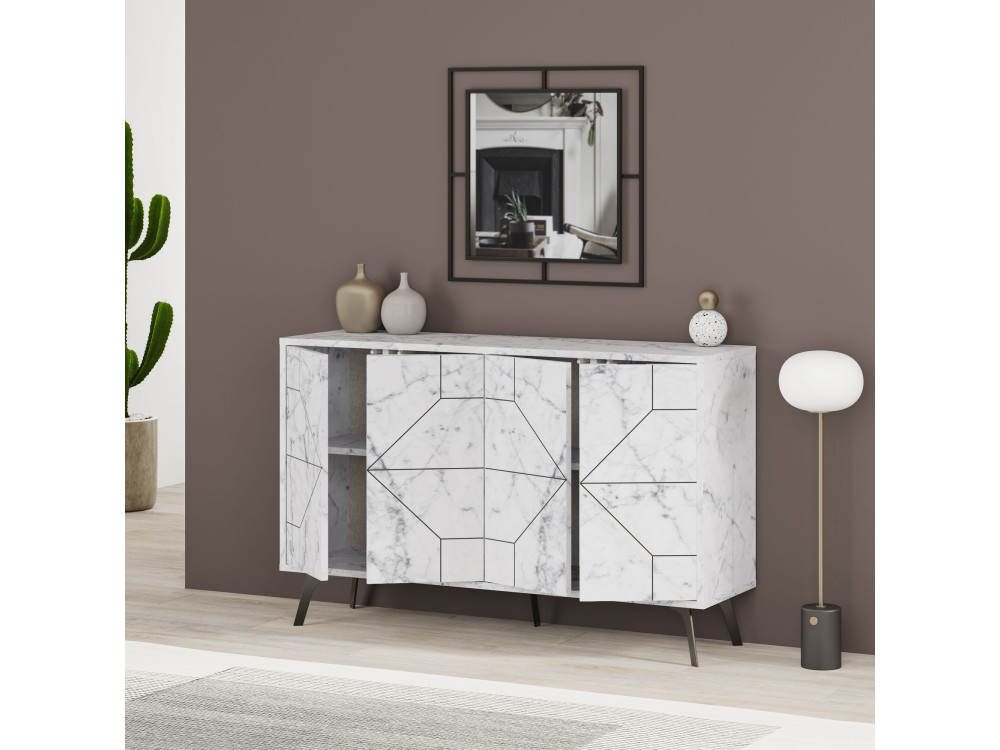Aparador "Dune" em madeira - 123 x 35 x 62 cm - Branco marmoreado