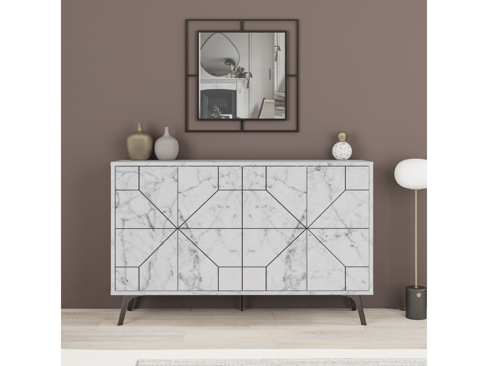 Aparador "Dune" em madeira - 123 x 35 x 62 cm - Branco marmoreado