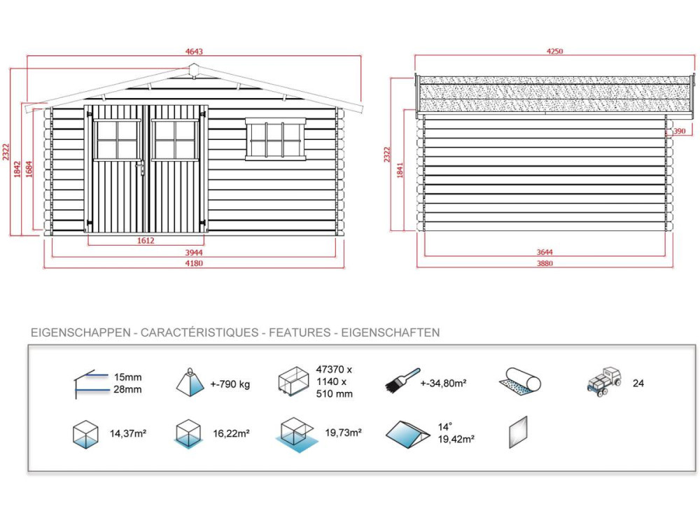Telheiro de madeira para jardim - 19,72 m² - 4,64 x 4,25 x 2,32 m - 28 mm