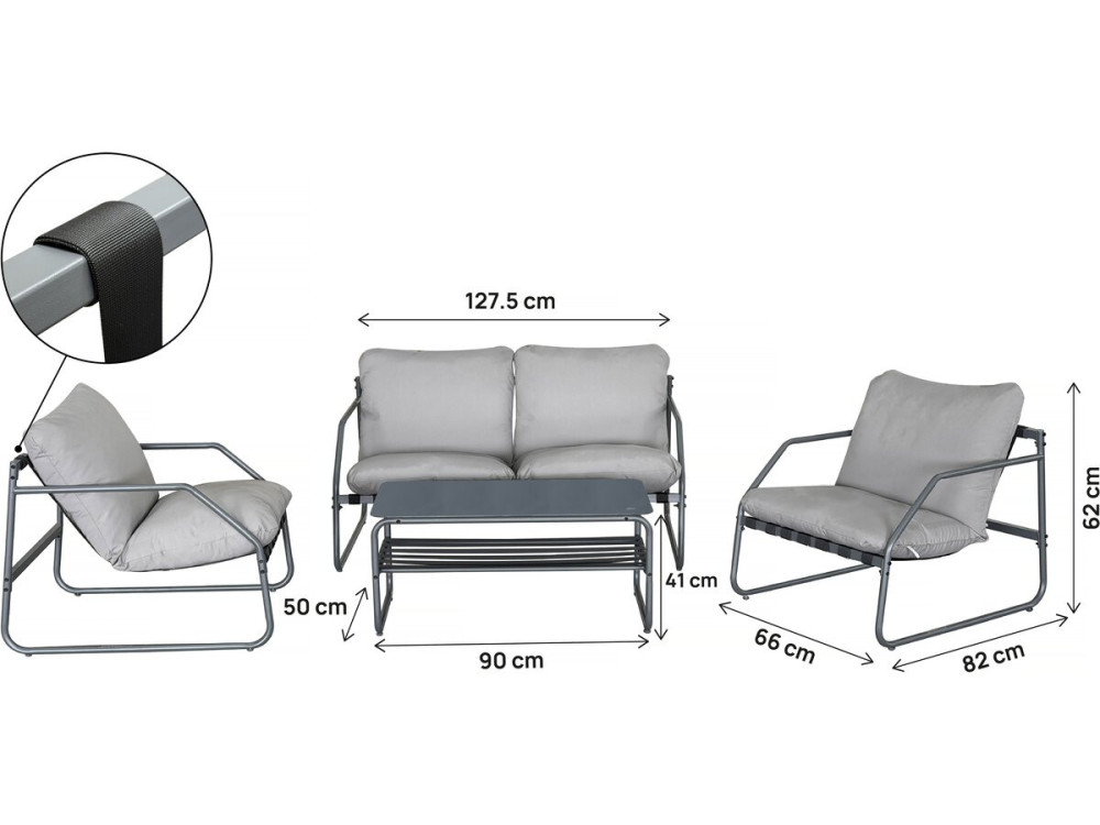 Conjunto de mobiliário de jardim em metal "Sora" com almofadas - 4 lugares - Cinzento