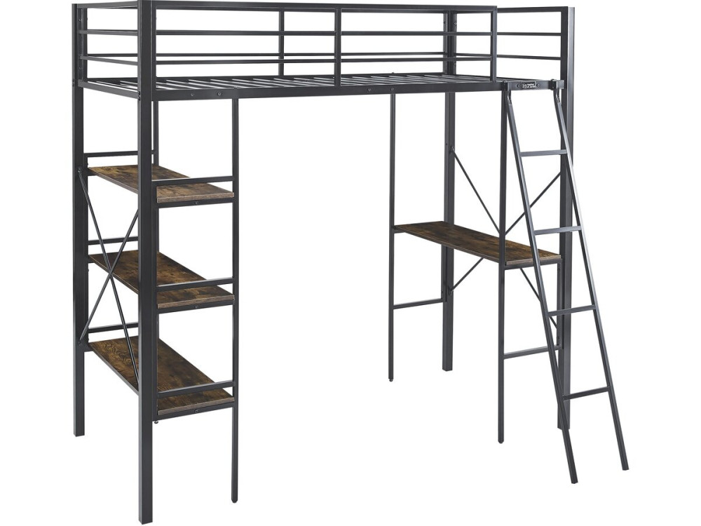 Cama de mezanino com secretária em metal «Raphaël» - 190 x 90 cm - Preto