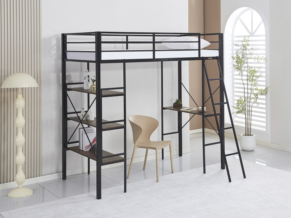 Cama de mezanino com secretária em metal «Raphaël» - 190 x 90 cm - Preto
